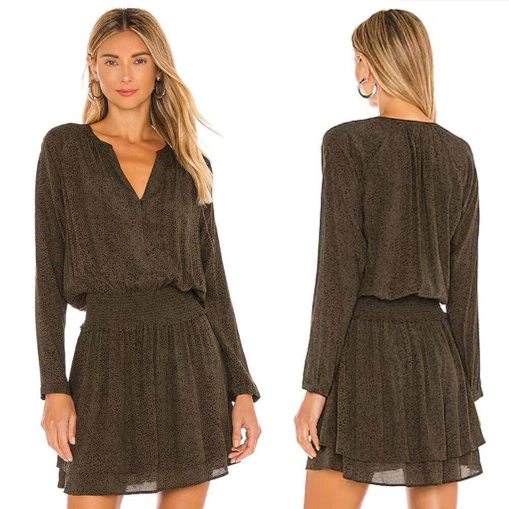 Rails Jasmine Abstract Print Smocked Waist Mini Dress, Olive Green Speckled, L